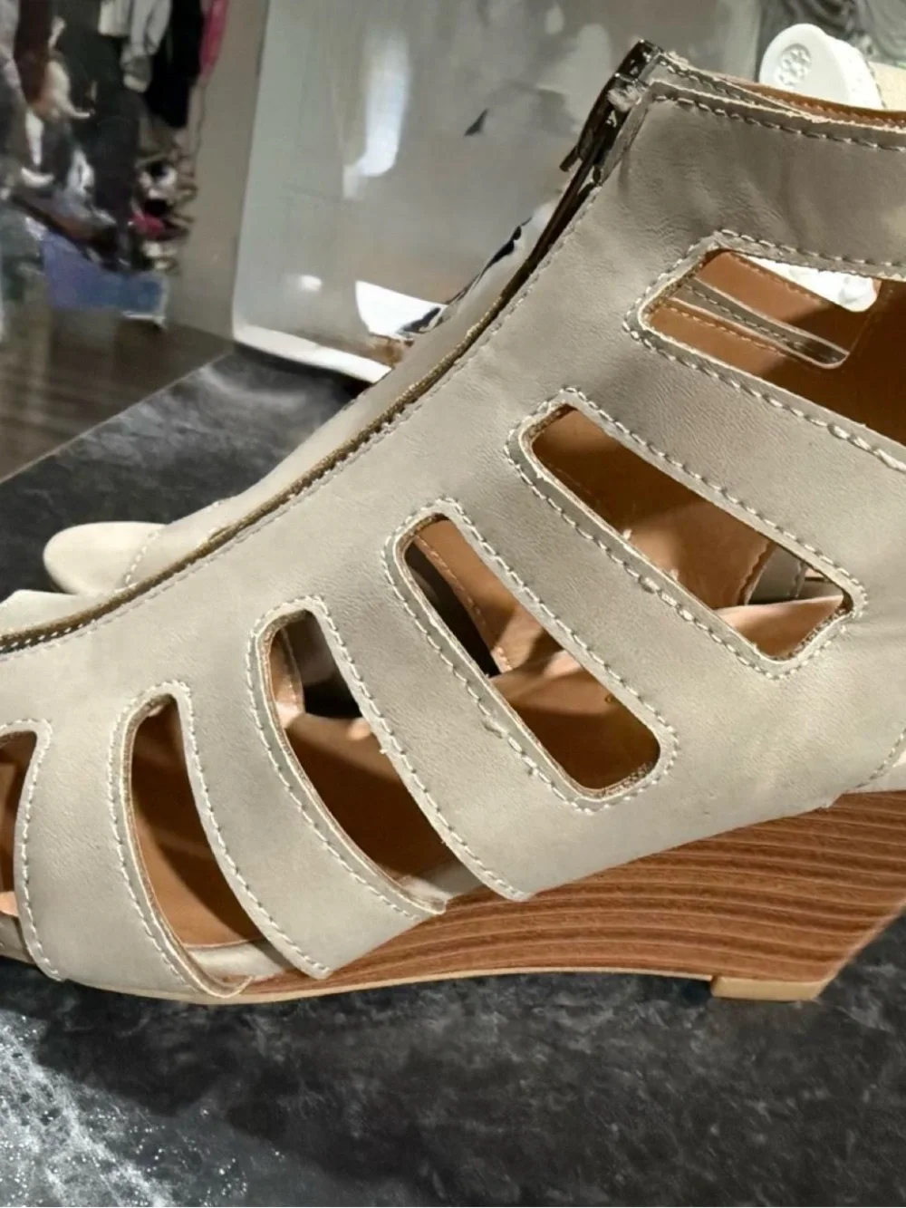 Beige Cutout Wedge Sandals - Women
